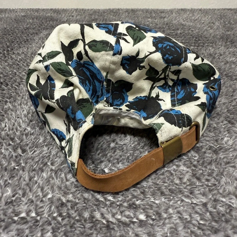EMPYRE Blue Rose Floral Print 5 Panel Cap White Brown Suede Brim Strapback